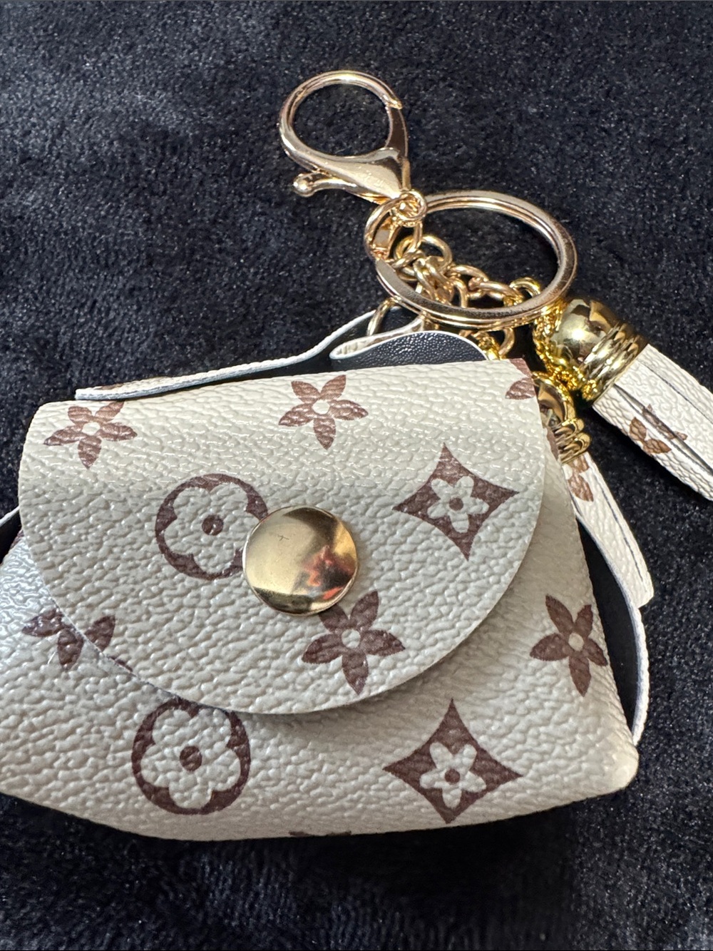 Source Unknown Cream & Brown Monogram Mini Wallet Key Holder with Gold Hardware